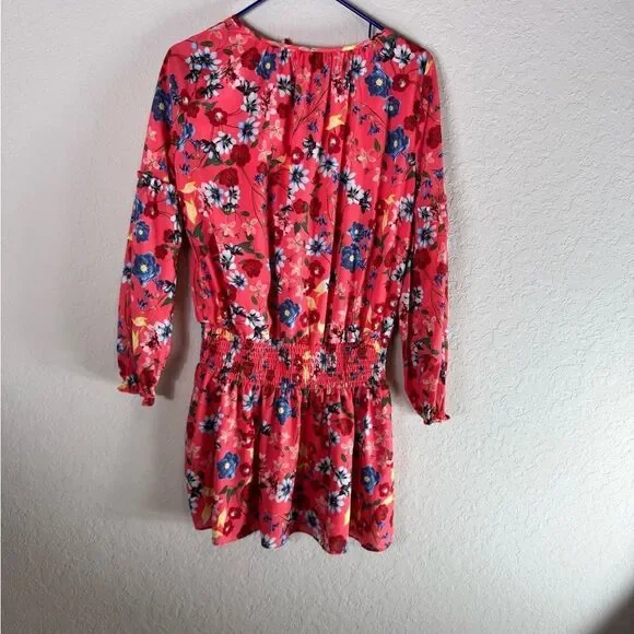 Parker Smocked Drop Waist Mini Dress Floral Deep Coral Size S - Picture 3 of 11